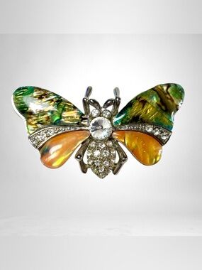 Butterfly Brooch Encrusted w/ Rhinestones & Abalone Shell Vintage Costume EUC